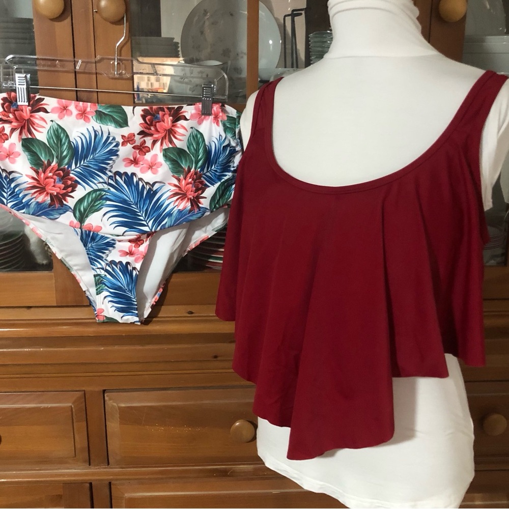 New Two-Piece Swim Set with Floral Bottom & Ruffle Top